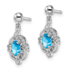 Sterling Silver Blue Topaz and Diamond Drop Earrings with Rhodium Finish