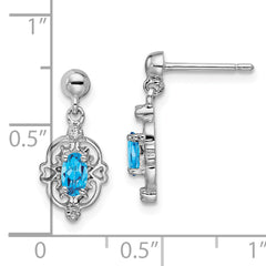 Sterling Silver Blue Topaz and Diamond Drop Earrings with Rhodium Finish