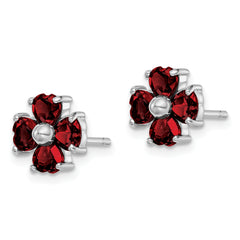 925 Sterling Silver Garnet Flower Earrings, Rhodium Plated, Heart-Cut Stones