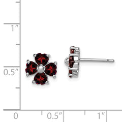 925 Sterling Silver Garnet Flower Earrings, Rhodium Plated, Heart-Cut Stones