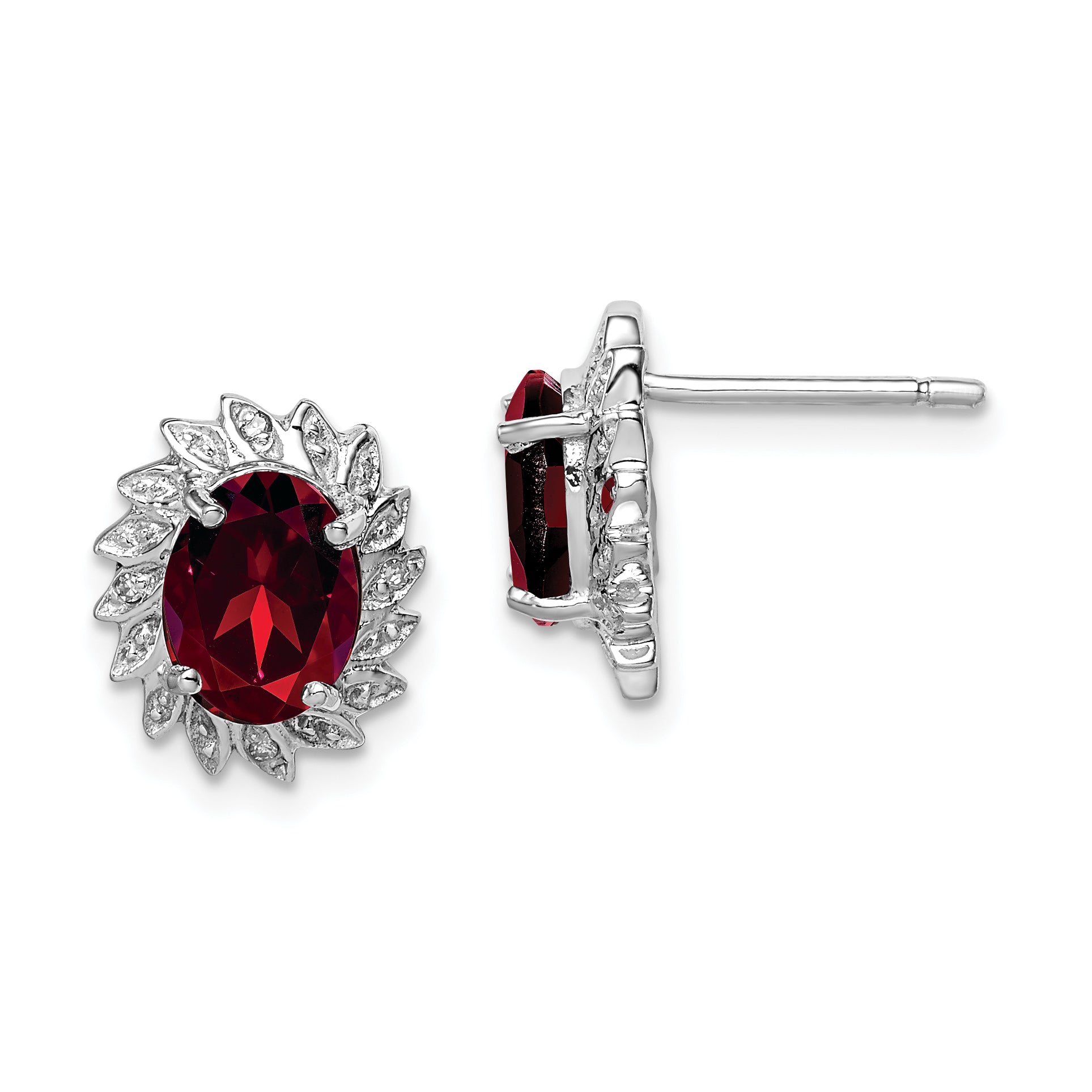 Sterling Silver Rhodium Plated Garnet and Diamond Post Earrings