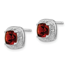 Sterling Silver Garnet and Diamond Cushion Earrings with Rhodium Plating