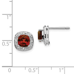 Sterling Silver Garnet and Diamond Cushion Earrings with Rhodium Plating
