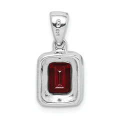 Sterling Silver Rhodium Emerald-cut Garnet & Diamond Pendant