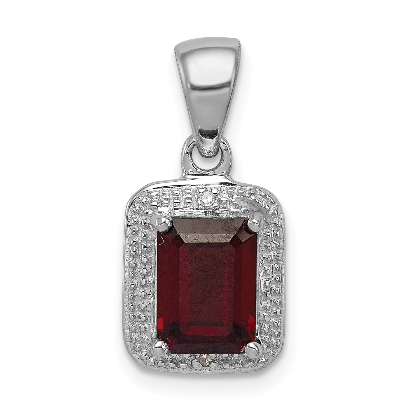Sterling Silver Rhodium Emerald-cut Garnet & Diamond Pendant