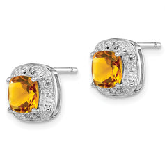 Sterling Silver Citrine and Diamond Button Earrings with Polished Rhodium Finish
