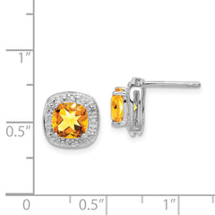 Sterling Silver Citrine and Diamond Button Earrings with Polished Rhodium Finish