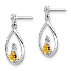 Sterling Silver Rhodium Plated Citrine and Diamond Pear Drop Earrings for Women