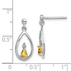 Sterling Silver Rhodium Plated Citrine and Diamond Pear Drop Earrings for Women