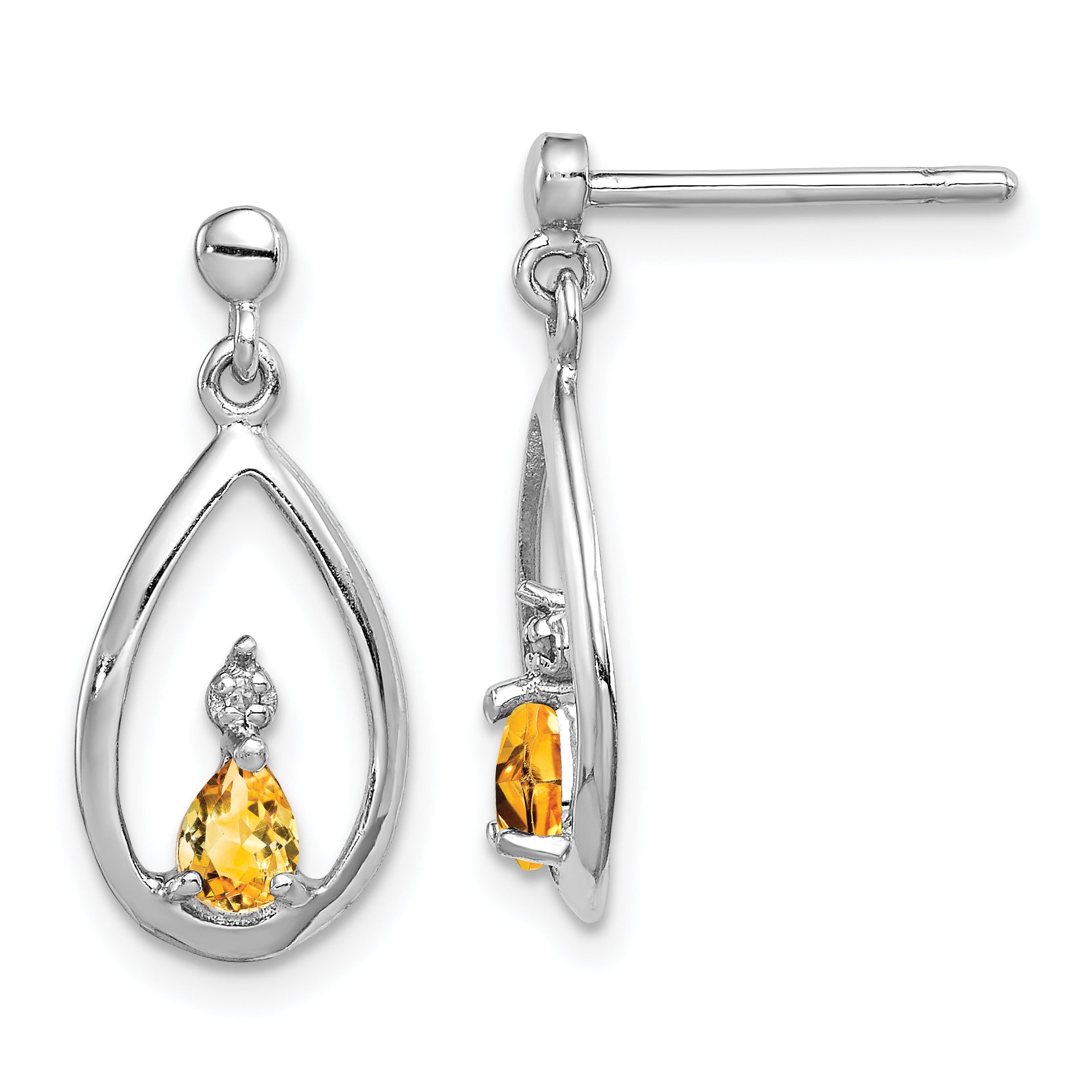 Sterling Silver Rhodium Plated Pear Citrine and Diamond Post Earrings