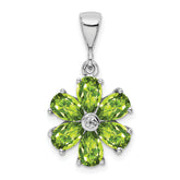 Sterling Silver Rhodium Plated Peridot and Diamond Flower Pendant