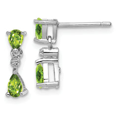 Sterling Silver Rhodium Plated Pear Peridot and Diamond Post Earrings