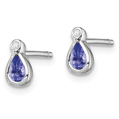 Sterling Silver Rhodium-Plated Tanzanite & Diamond Button Earrings Elegant Pear Design