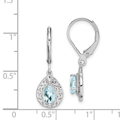 Sterling Silver Rhodium-Plated Aquamarine Leverback Earrings Polished Pear Cut