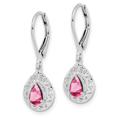 Sterling Silver Pink Tourmaline Leverback Earrings with Rhodium Plating Elegant Drop Style