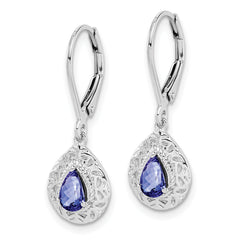 Sterling Silver 925 Rhodium-Plated Tanzanite Leverback Earrings Pear-Cut Dangle