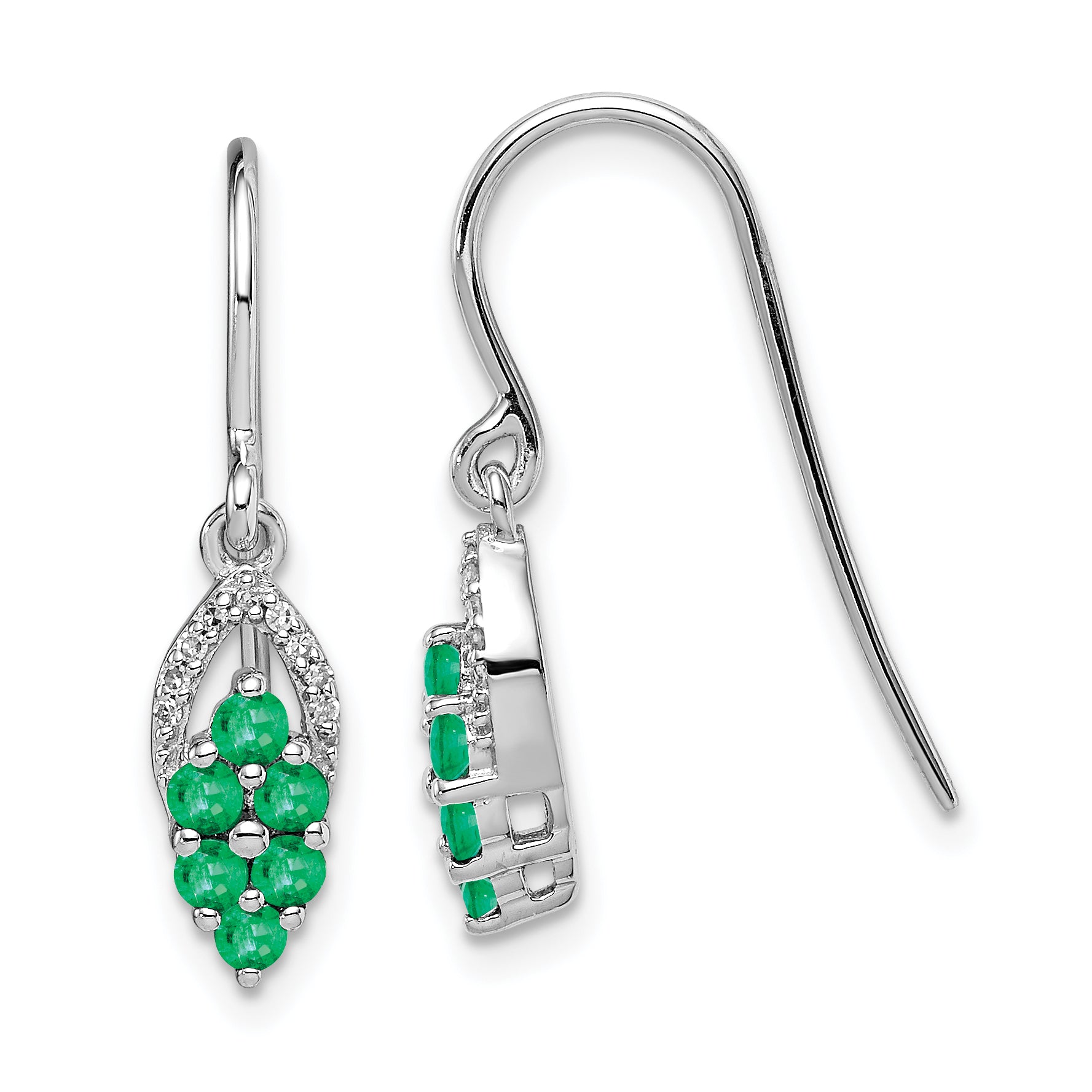 Sterling Silver Rhodium-plated Diam. & Emerald Shepherd Hook Earrings