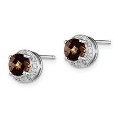 Sterling Silver 925 Smoky Quartz & Diamond Button Earrings with Rhodium Finish