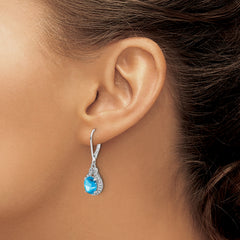 Sterling Silver Rhodium-Plated Blue Topaz and Diamond Drop Earrings for Women