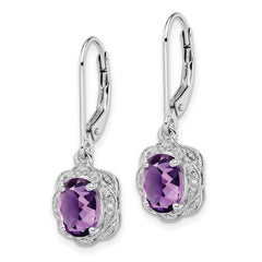 Sterling Silver 925 Drop Earrings with Amethyst & Diamond, Rhodium-Plated