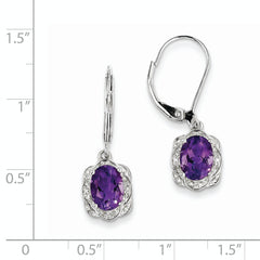 Sterling Silver 925 Drop Earrings with Amethyst & Diamond, Rhodium-Plated