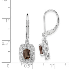 Sterling Silver Rhodium-Plated Smoky Quartz and Diamond Drop Earrings Elegant Leverback Design