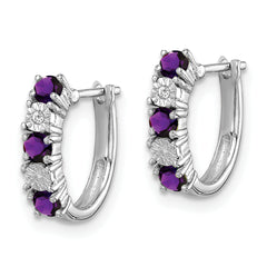 Sterling Silver Rhodium-Plated Amethyst and Diamond Hoop Earrings Elegant Birthstone Design