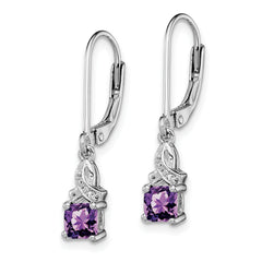 Sterling Silver 925 Amethyst and Diamond Drop Earrings with Rhodium Polished Finish