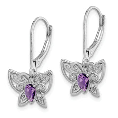 Sterling Silver Amethyst and Diamond Butterfly Earrings with Rhodium Polished Finish