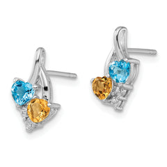 Sterling Silver Rhodium-Plated Blue Topaz and Citrine Diamond Earrings