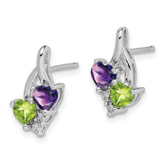 925 Sterling Silver Amethyst Peridot Diamond Drop Earrings, Polished & Rhodium-Plated