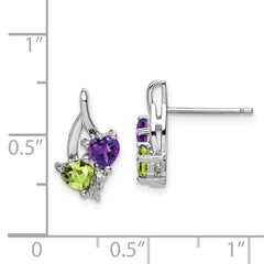 925 Sterling Silver Amethyst Peridot Diamond Drop Earrings, Polished & Rhodium-Plated