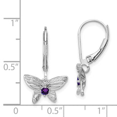 Sterling Silver Rhodium-Plated Amethyst & Diamond Butterfly Earrings Elegant Women's Birthstone Design