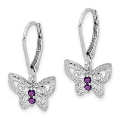 Sterling Silver Rhodium-plated Amethyst and Diamond Butterfly Earrings
