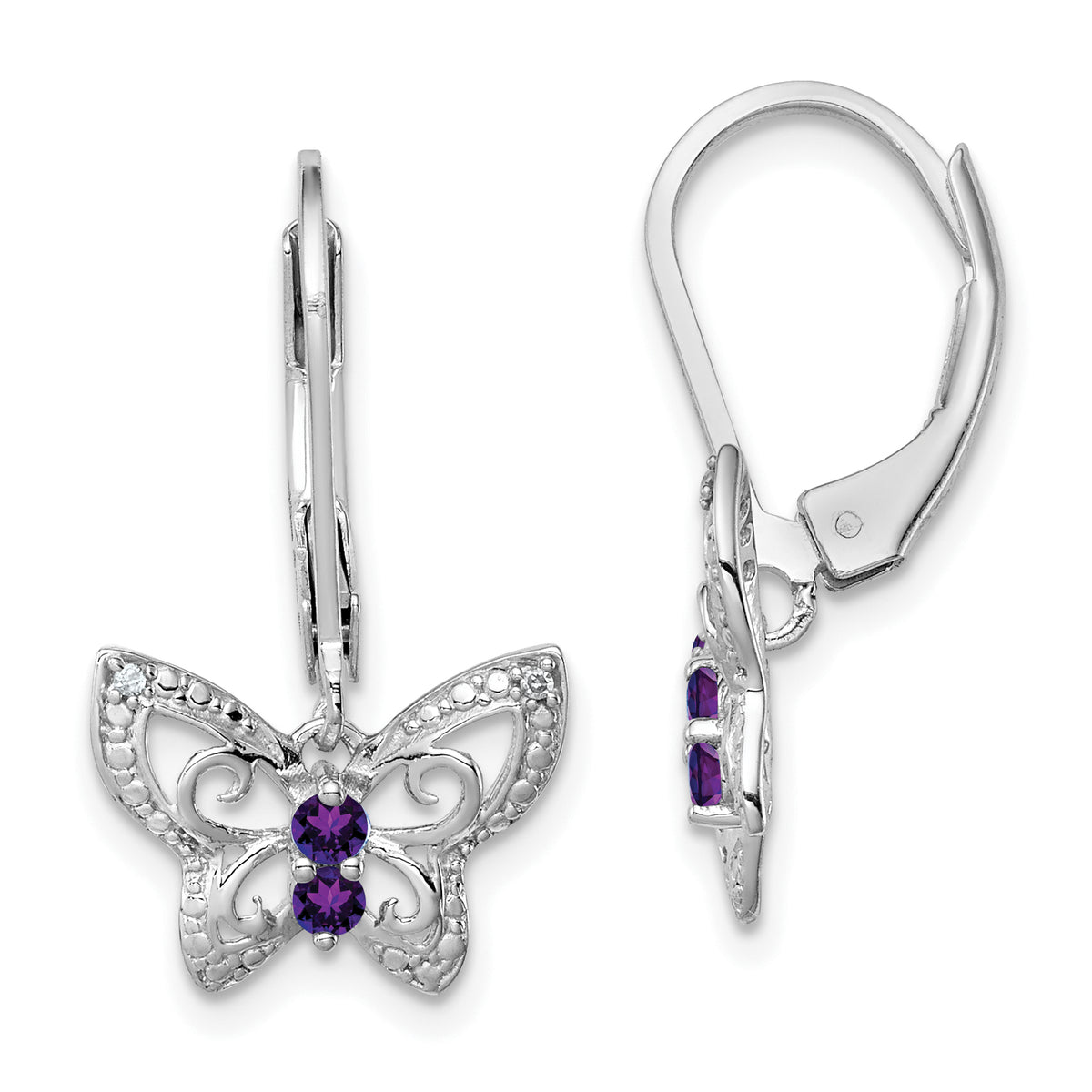 Sterling Silver Rhodium-plated Amethyst and Diamond Butterfly Earrings