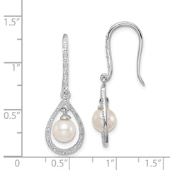 Sterling Silver Rhodium-Plated Diamond Pearl Dangle Earrings Elegant Birthstone Design