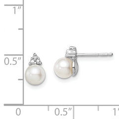 Sterling Silver Diamond and Freshwater Pearl Earrings with Rhodium Plating, Polished Finish