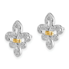 Sterling Silver Rhodium & 14k Yellow Gold Diam. Fleur de Lis Post Earrings