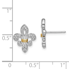 Sterling Silver & 14K Gold Fleur de Lis Diamond Post Earrings, Polished Finish