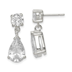 Sterling Silver Polished CZ Pear Shaped Post Dangle Earrings