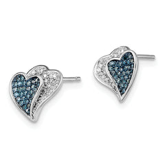 Sterling Silver Blue & White Diamond Heart Earrings Rhodium Plated Gift Ready