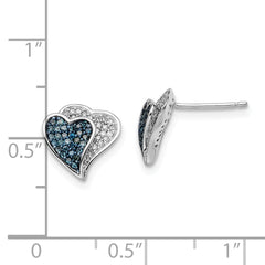 Sterling Silver Blue & White Diamond Heart Earrings Rhodium Plated Gift Ready
