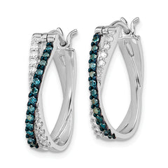 Sterling Silver Rhodium-Plated White & Blue Diamond Hoop Earrings Gift Ready Elegant Design.