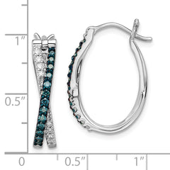 Sterling Silver Rhodium-Plated White & Blue Diamond Hoop Earrings Gift Ready Elegant Design.