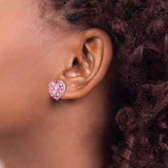 **925 Sterling Silver Pink Crystal Heart Stud Earrings with Rhodium Finish Elegant, Durable Design**