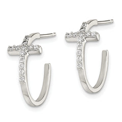 Sterling Silver Rhodium-Plated CZ Cross Hoop Earrings Polished Elegant Design