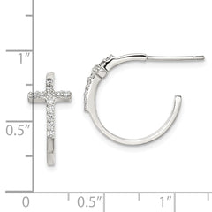 Sterling Silver Rhodium-Plated CZ Cross Hoop Earrings Polished Elegant Design
