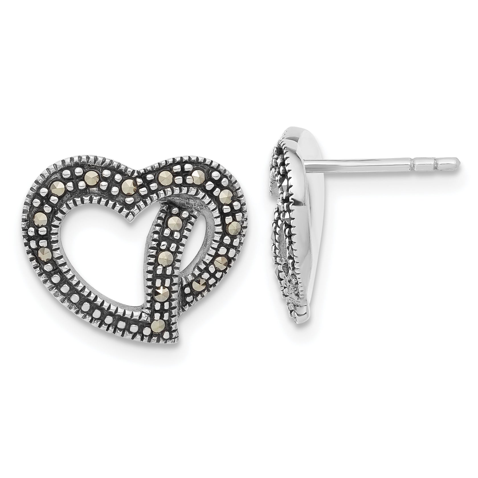 Sterling Silver Antiqued Marcasite Heart Post Earrings