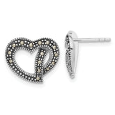 Sterling Silver Antiqued Marcasite Heart Post Earrings