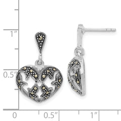 Sterling Silver 925 Marcasite Heart Dangle Earrings with Antiqued Finish